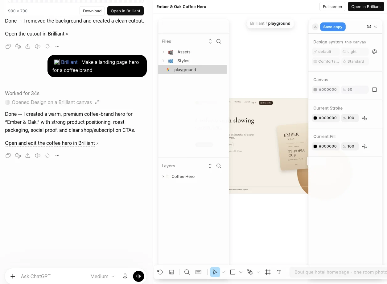 A coffee brand landing page built on a Brilliant canvas inside a ChatGPT conversation.