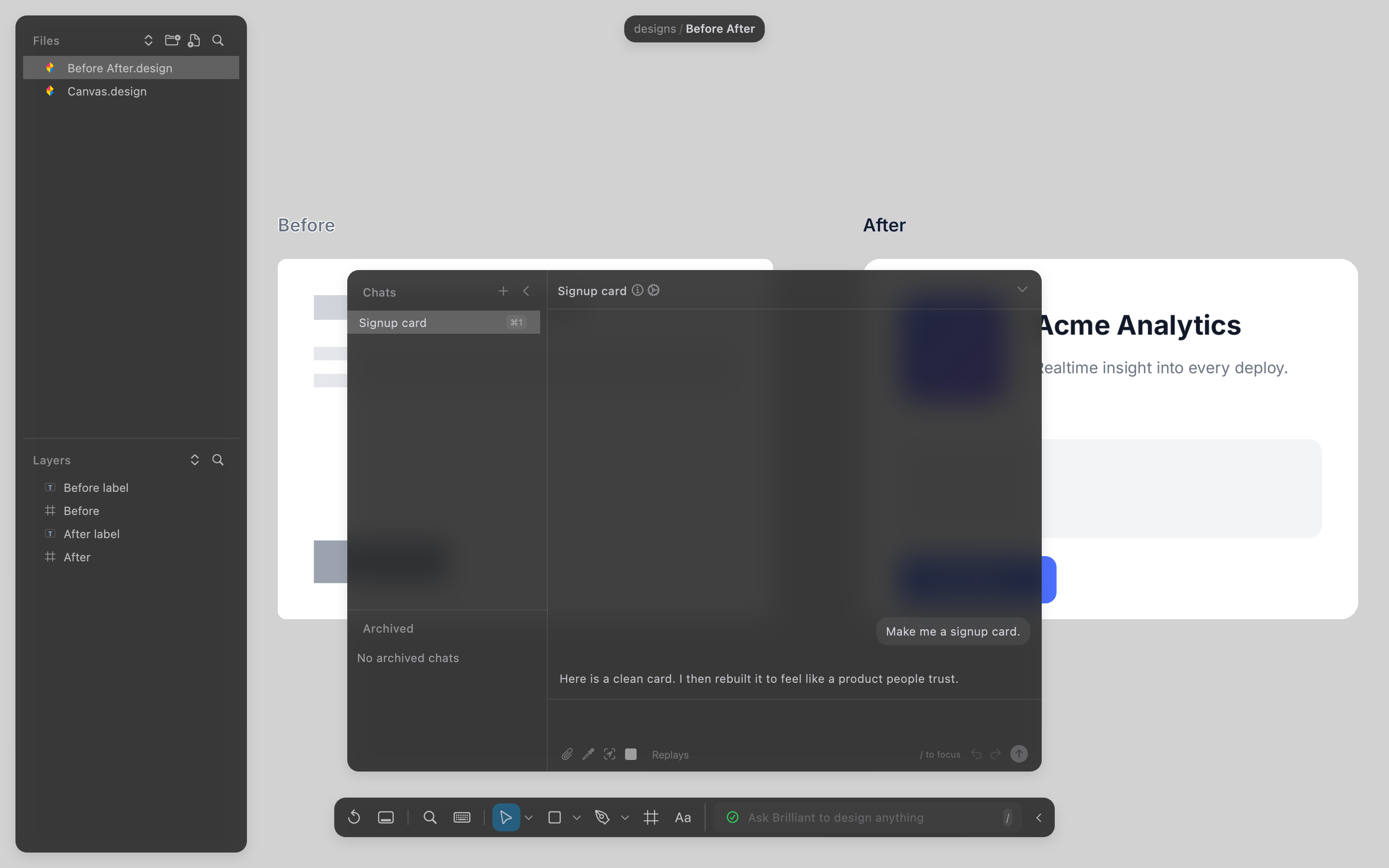 A section an agent built from a prompt, live and editable on the canvas