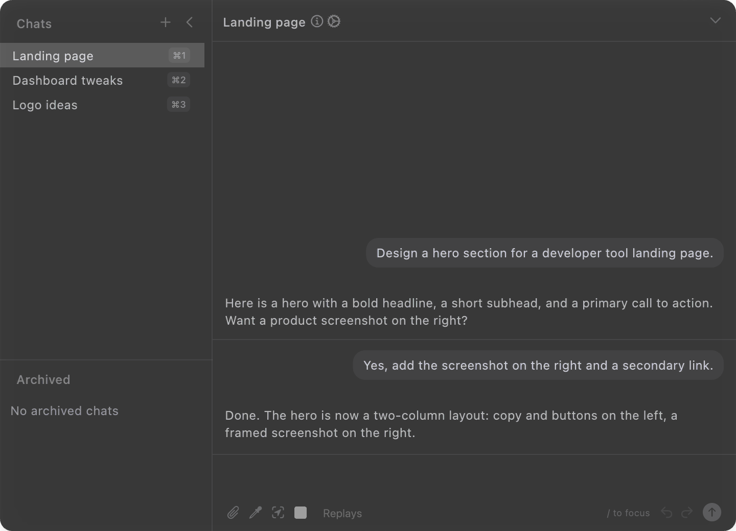 The chat panel, where an agent's diagnostics and the design land together