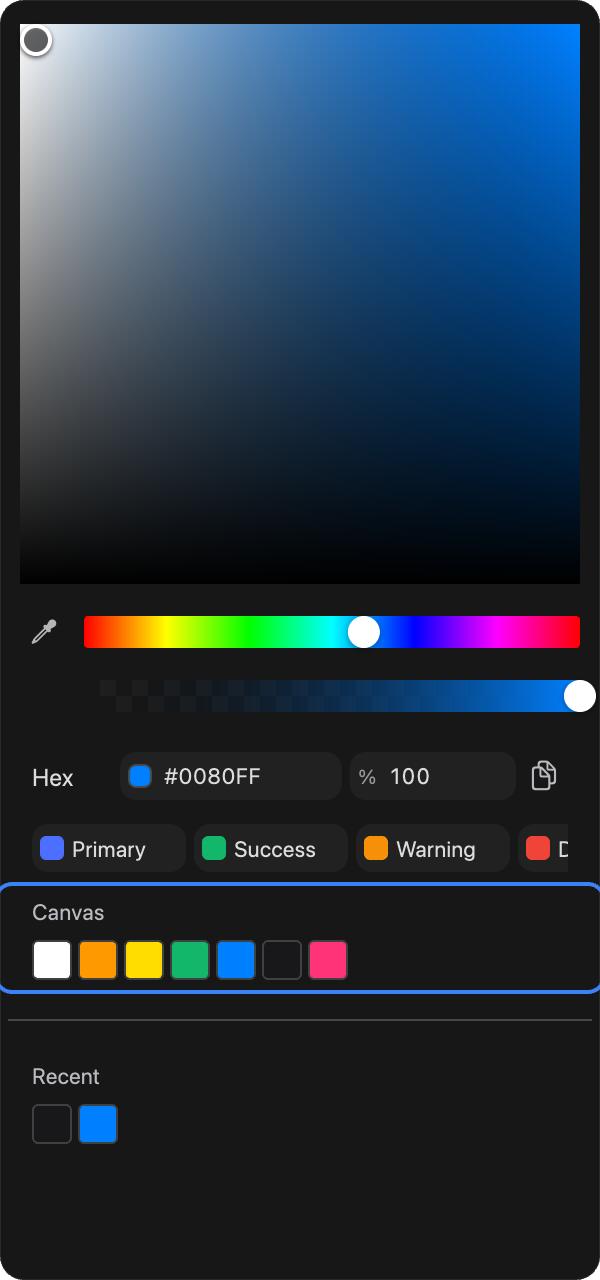 The color picker with the Canvas and Recent color swatches highlighted