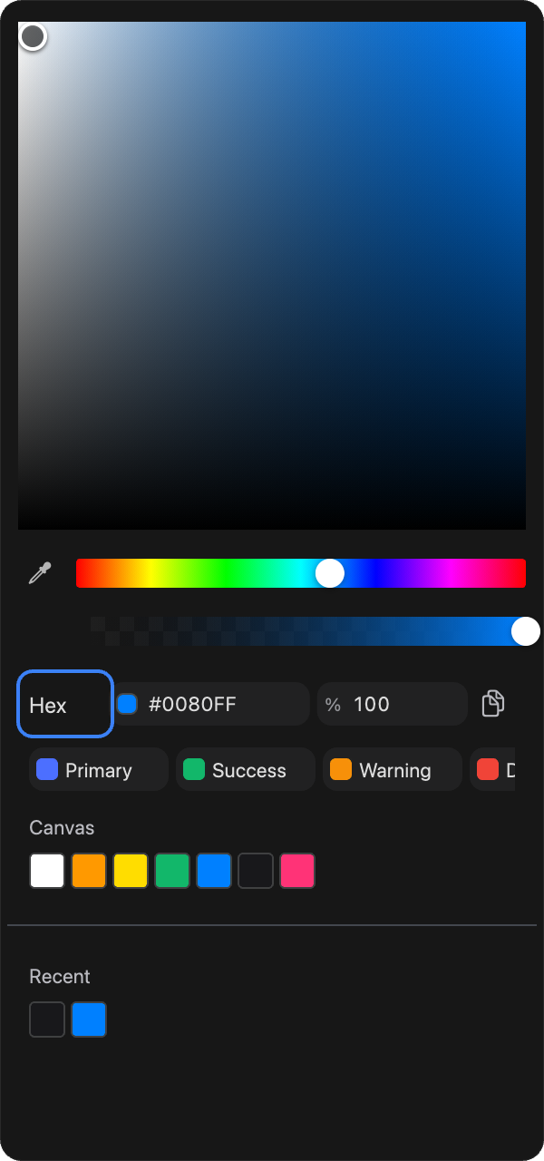 The color picker with the format dropdown highlighted