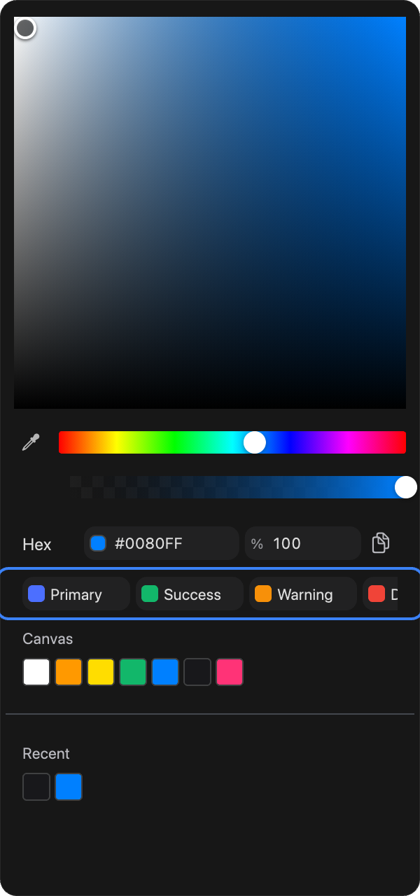 The color picker with the design tokens strip highlighted