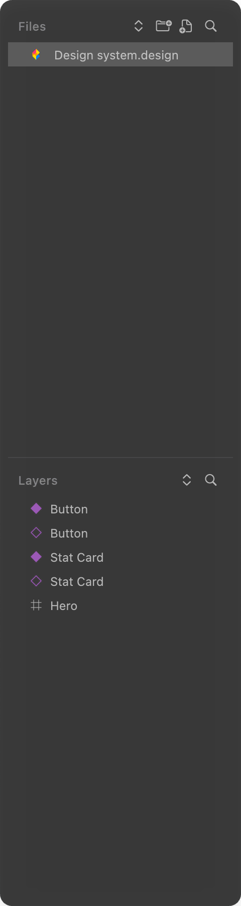 Click to zoom The layers panel showing two component masters with filled purple diamonds and two instances with outline diamonds, beside a regular frame
