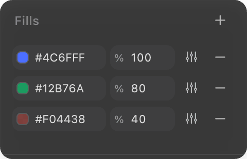 The Fills section of the right toolbar, with the color rectangle on the left of the row