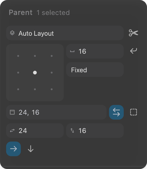 The layout section of the right toolbar for a frame