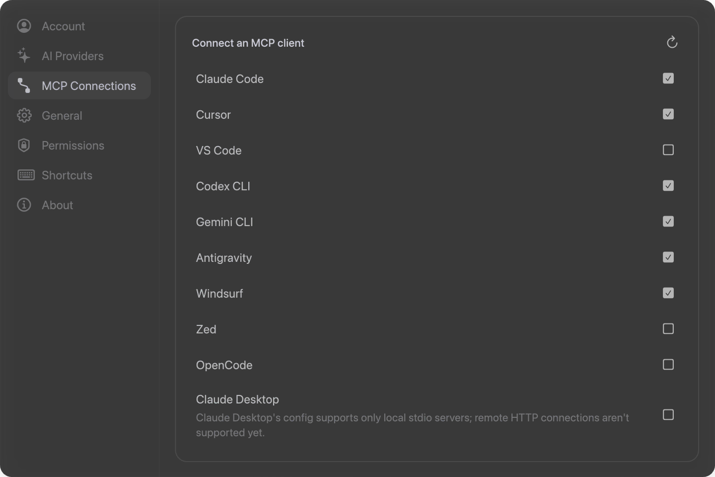 Settings → MCP Connections, a flat list of tools each with a connect checkmark