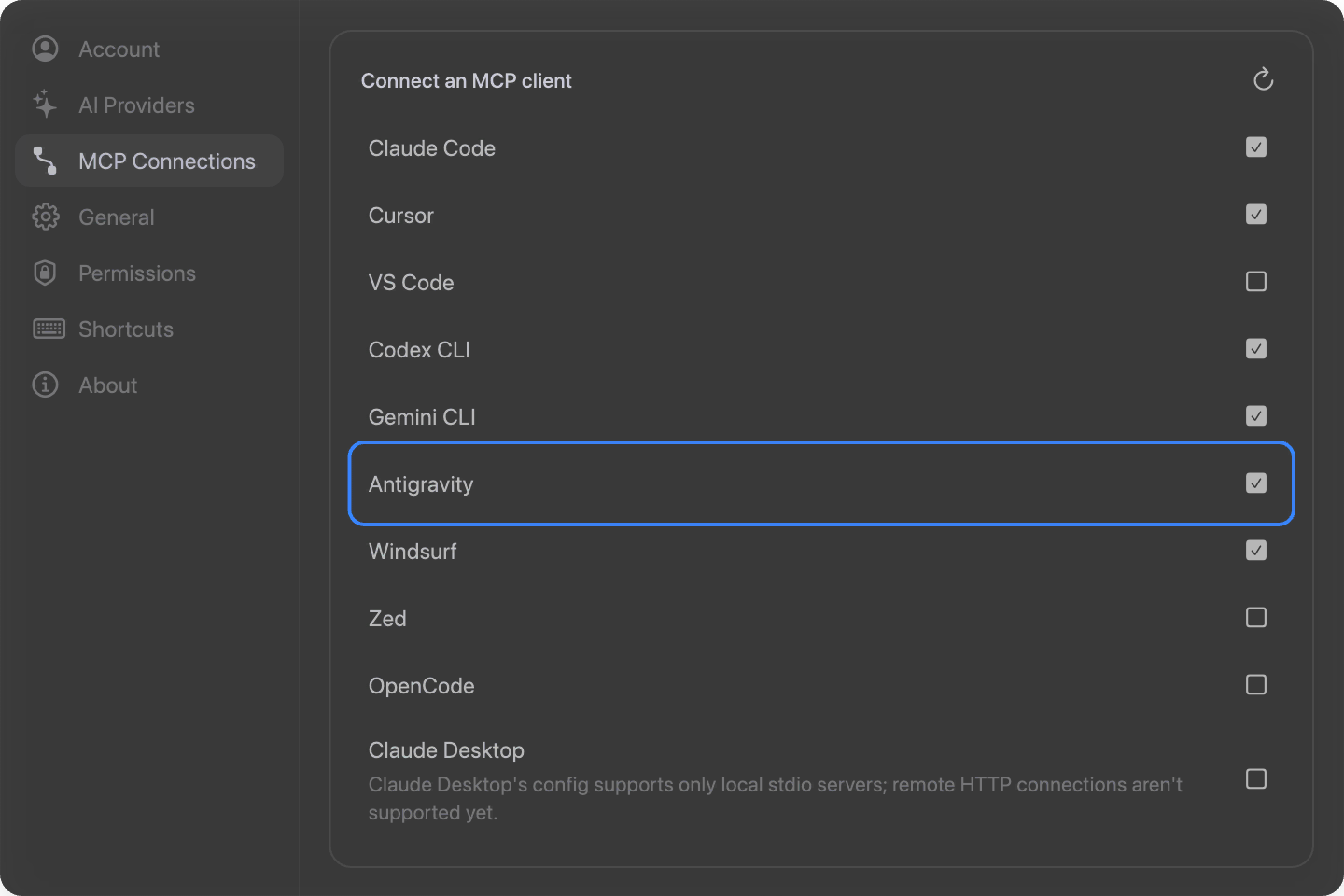 The MCP Connections list with the Antigravity row toggled on