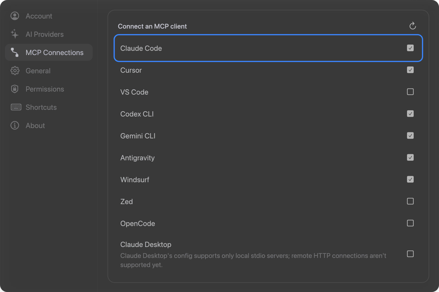 The MCP Connections list with the Claude Code row toggled on