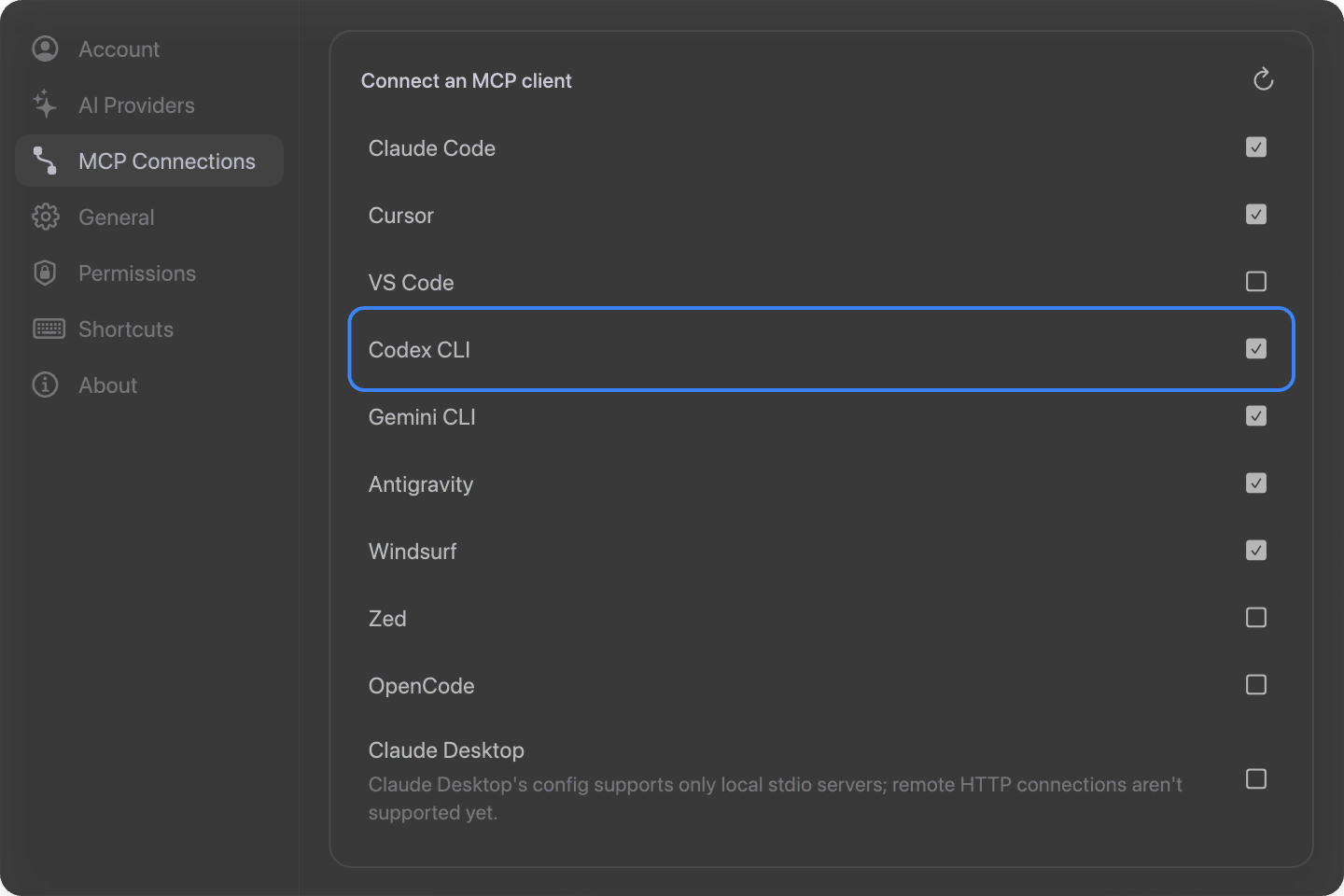 The MCP Connections list with the Codex CLI row toggled on