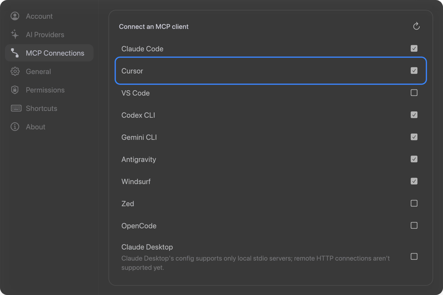 The MCP Connections list with the Cursor row toggled on