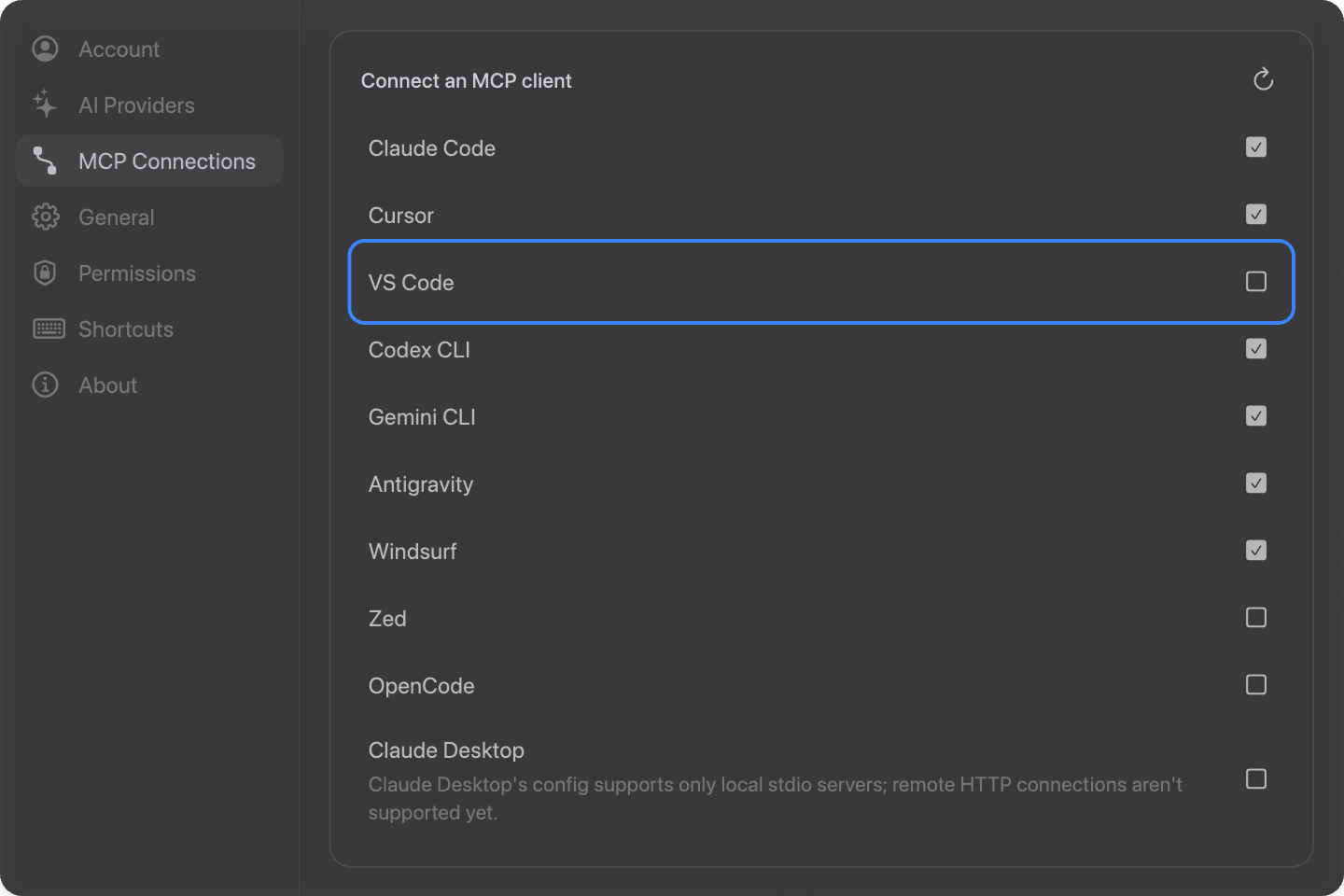 Click to zoom The MCP Connections list with the VS Code row toggled on
