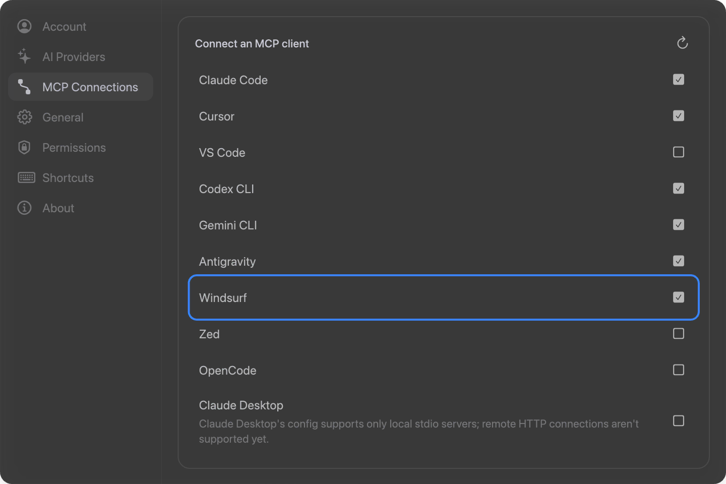 The MCP Connections list with the Windsurf row toggled on