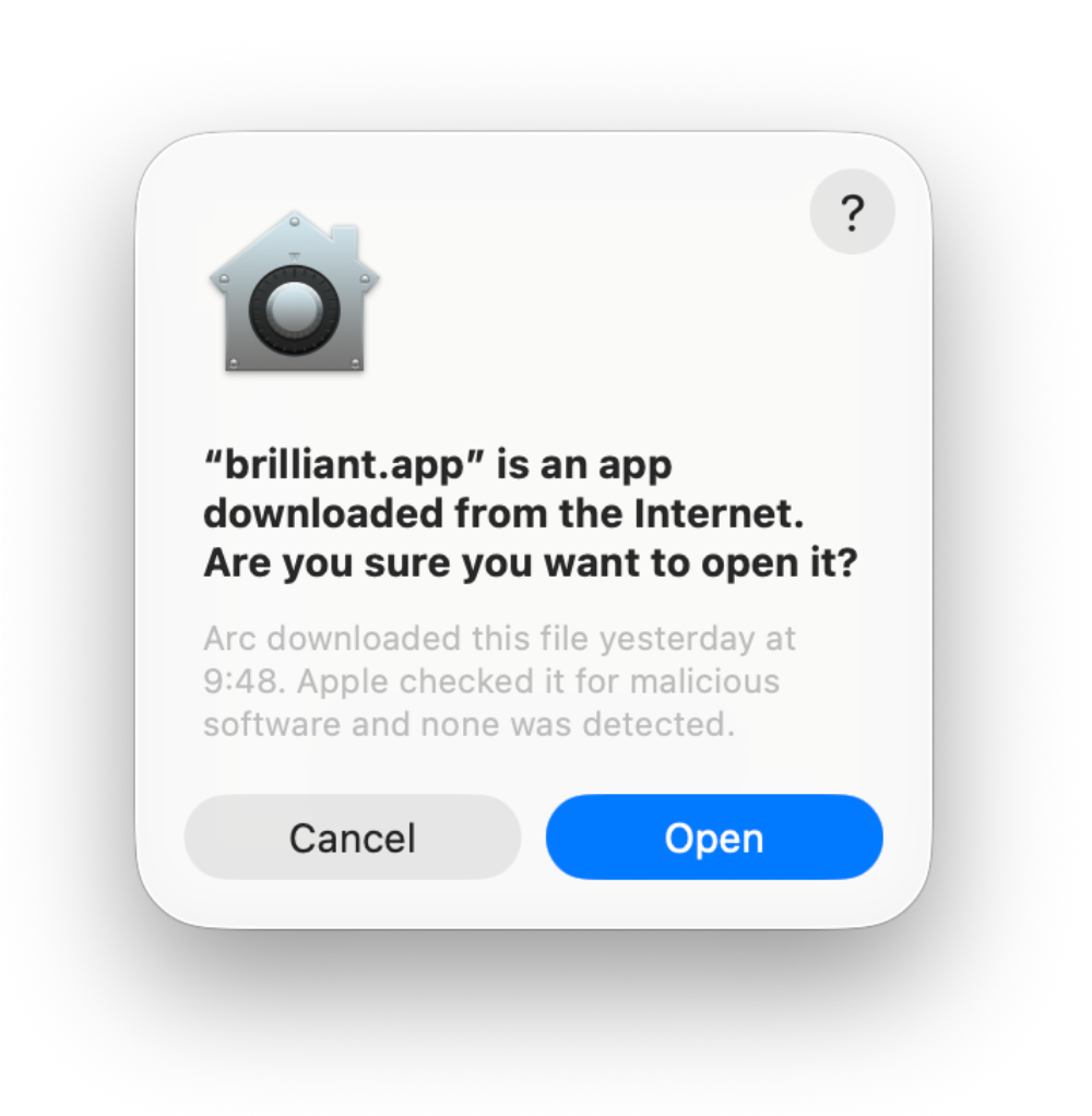 macOS Gatekeeper dialog asking to confirm opening Brilliant