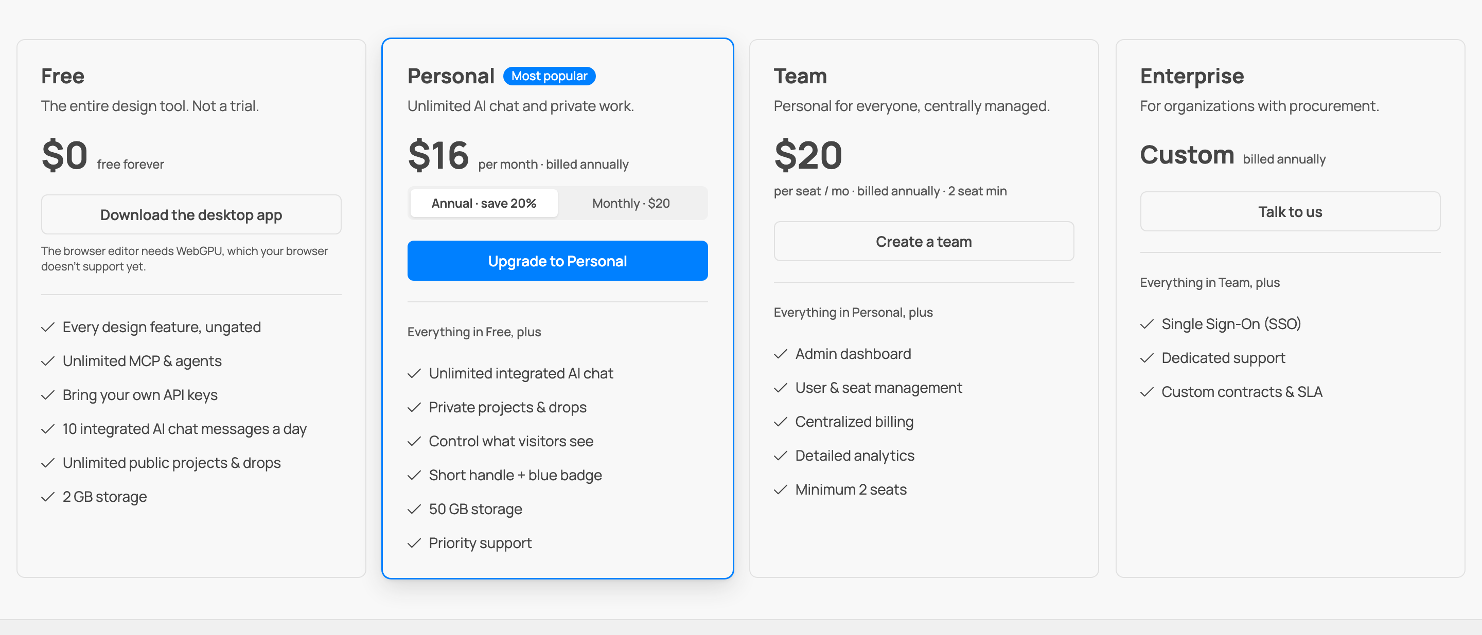 The four plans: Free, Personal, Team, and Enterprise