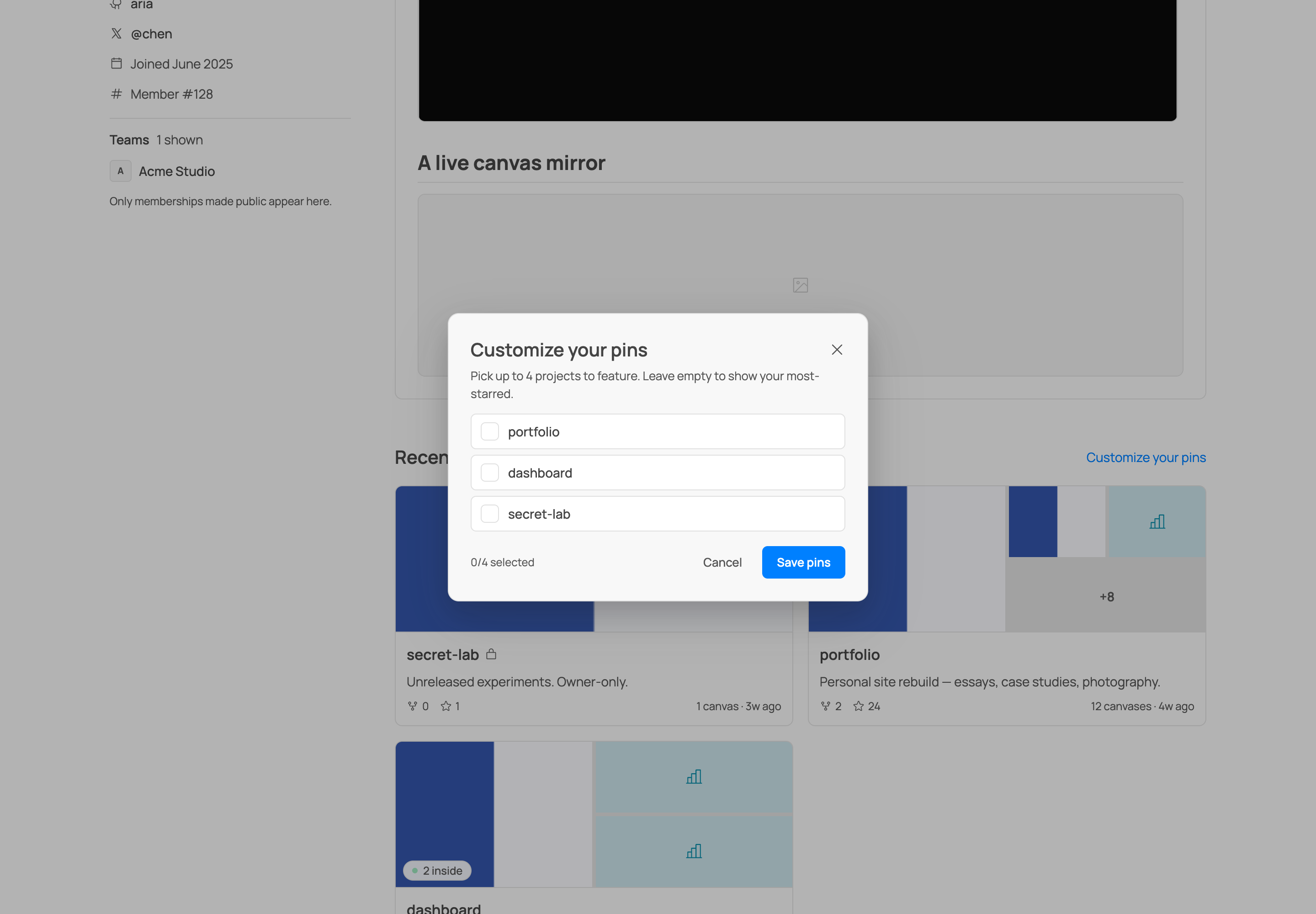 The Customize your pins picker, showing the four-pin cap and the note that an empty set falls back to your most-starred