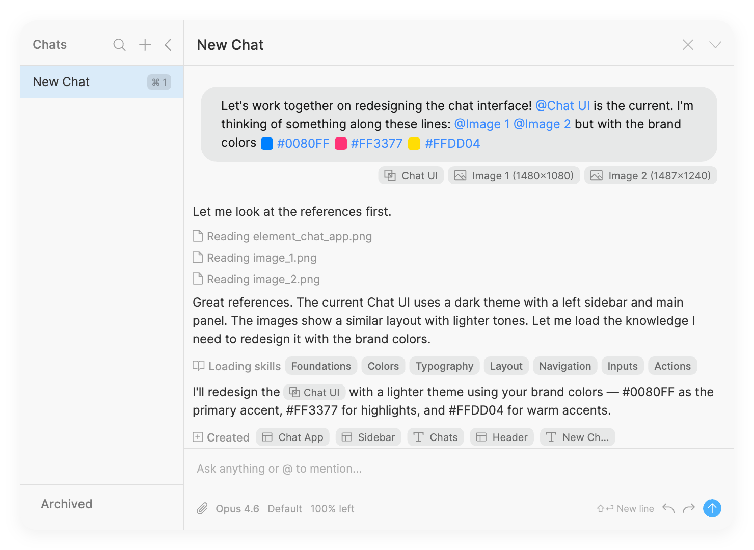 The Brilliant AI chat with a prompt, element references, and the agent's response