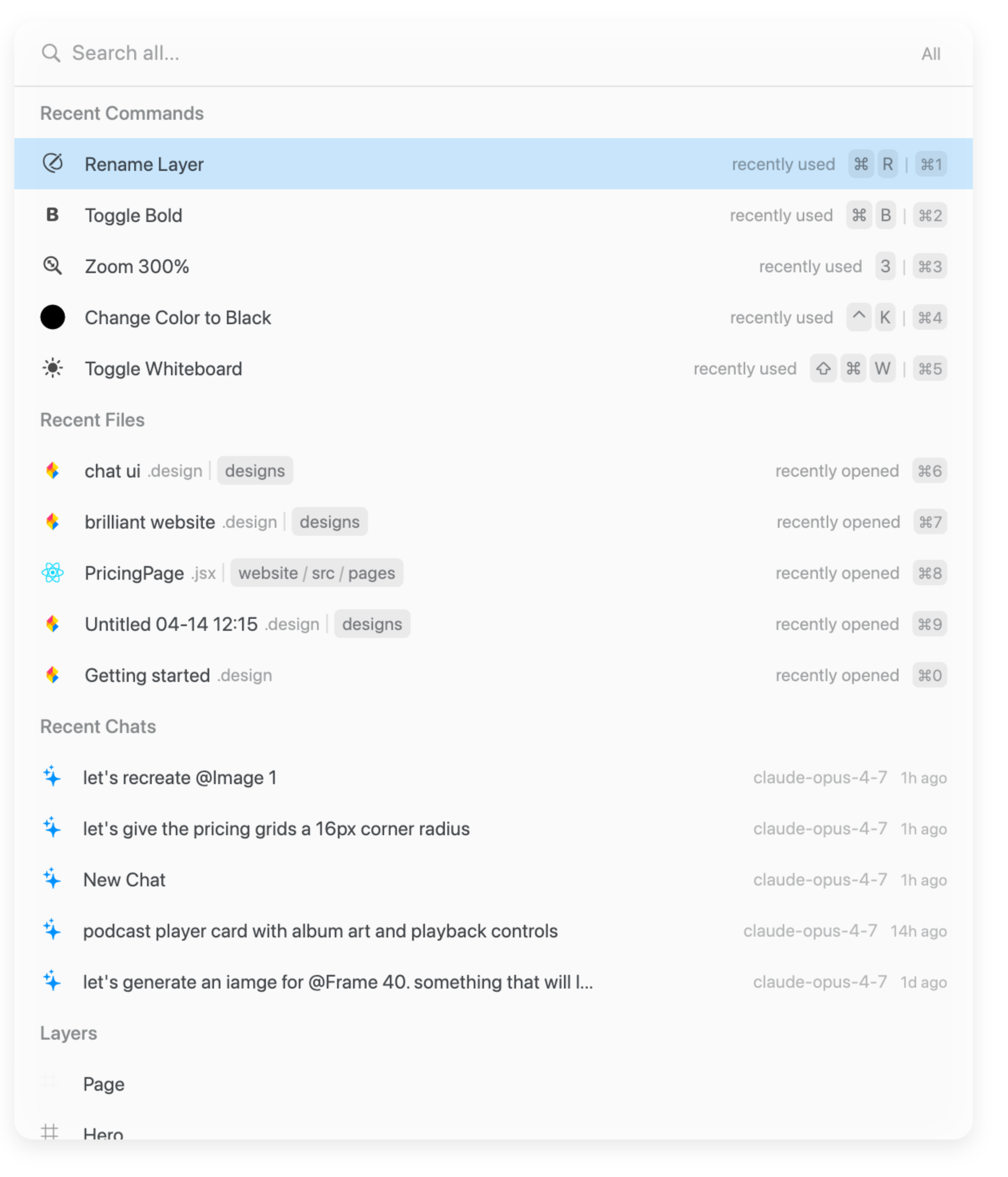 The ⌘K global search palette open with a sample query