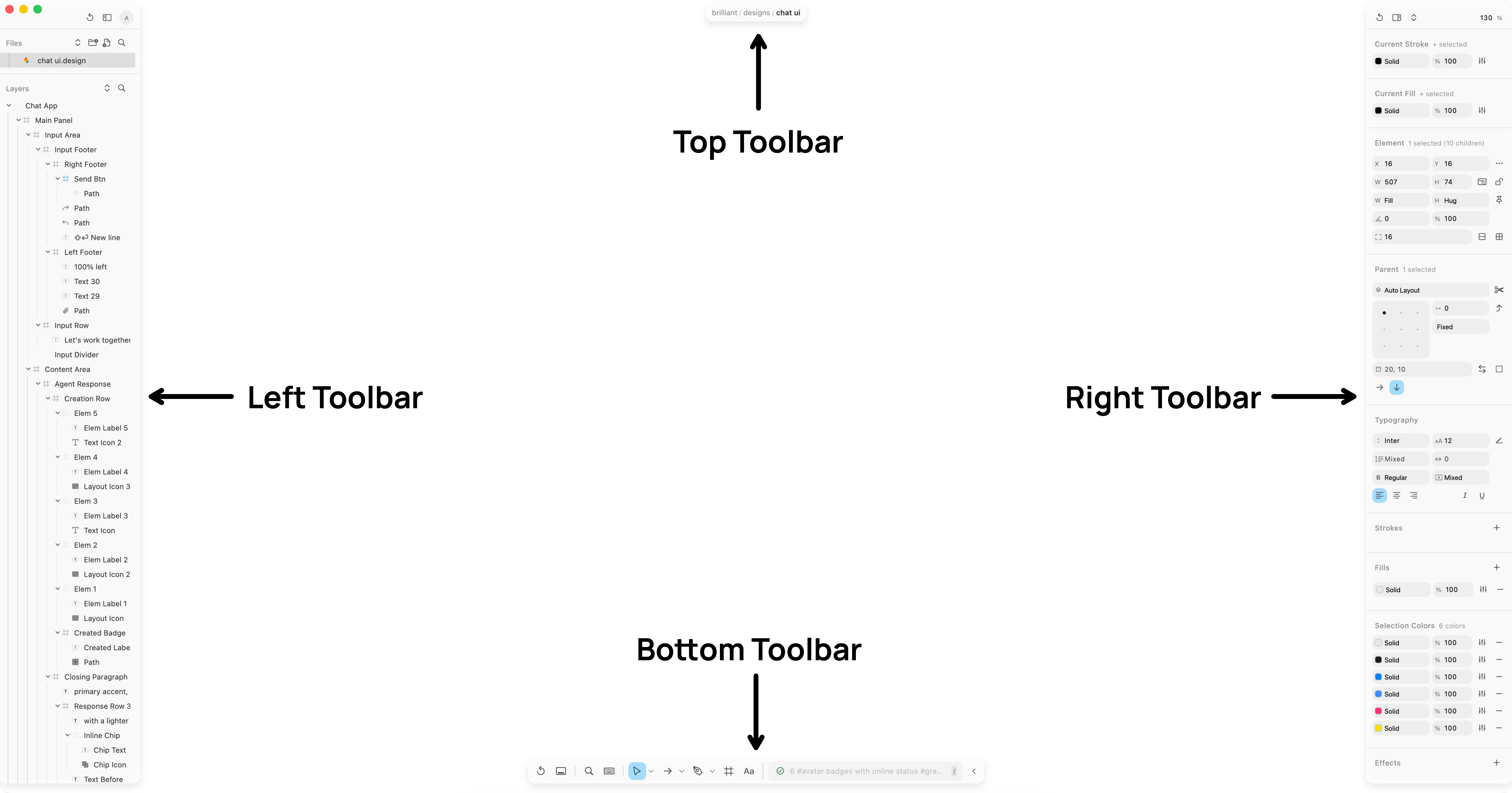 Annotated overview of the Brilliant editor with the four toolbars labeled