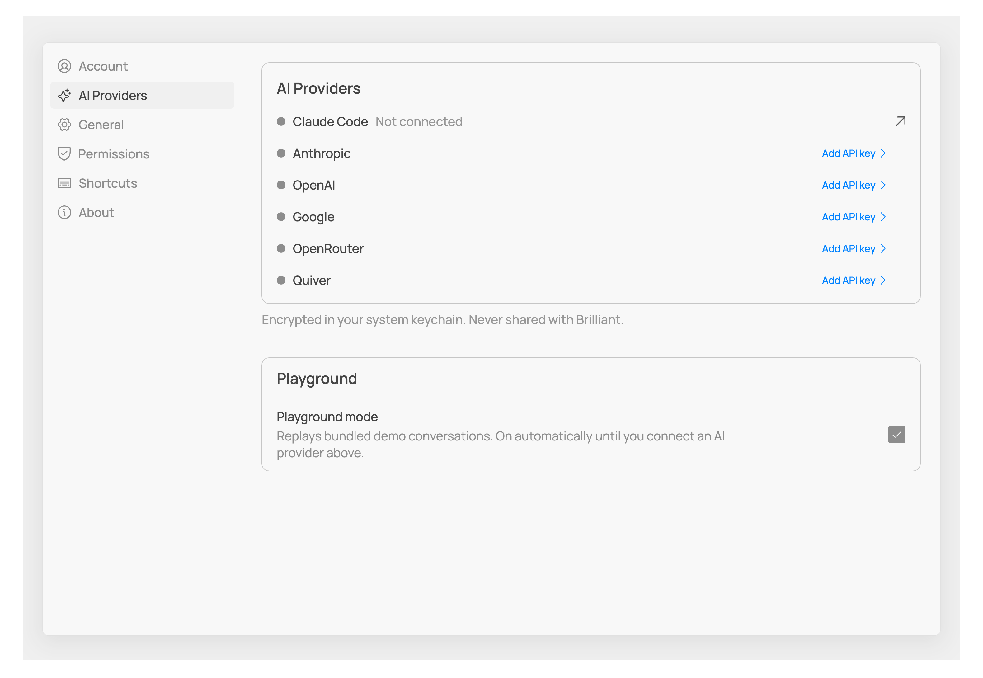 The Settings window with AI Providers selected, showing Claude Code and five API-key providers, each with a status dot and an action on the right