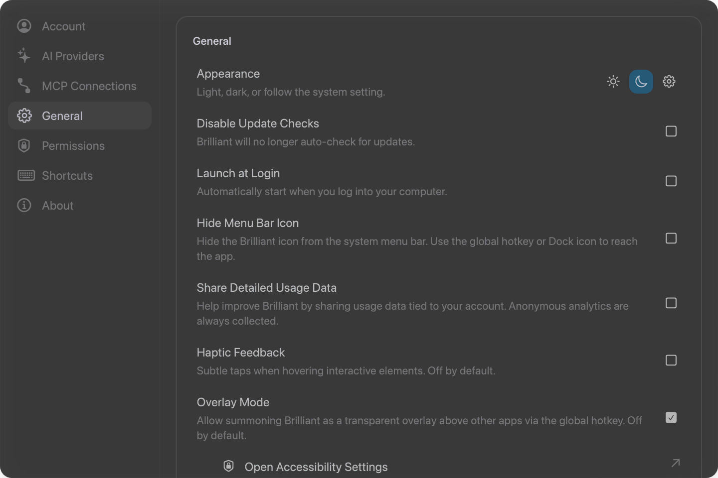 Click to zoom The general settings, including the Share Detailed Usage Data toggle