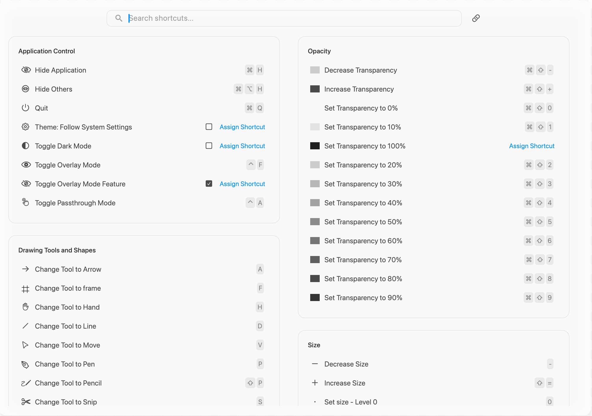 Click to zoom The Keyboard Shortcuts panel, with commands grouped and a search field