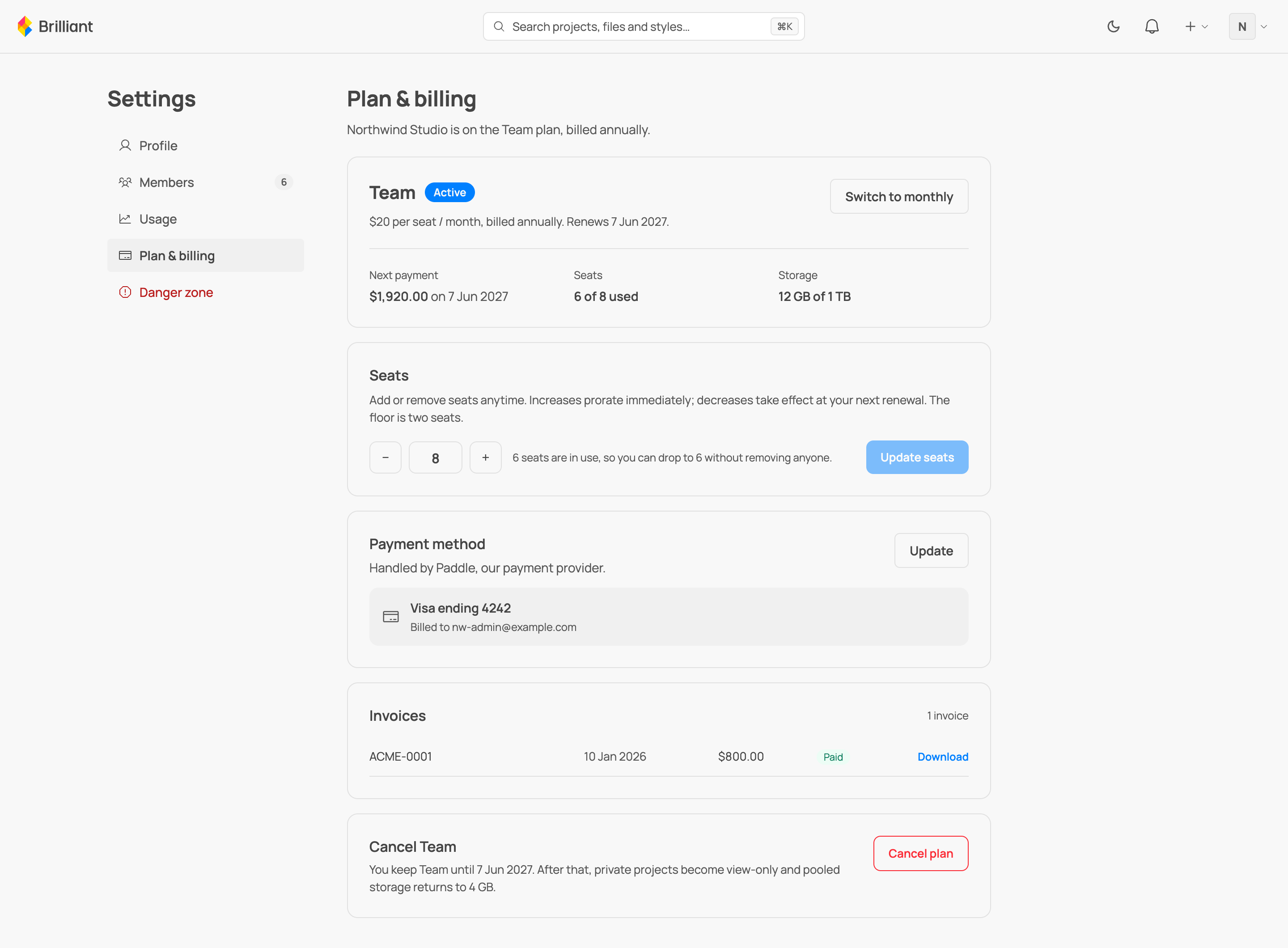 A team's Plan and billing page: the plan card, the seat stepper, payment method, and invoices