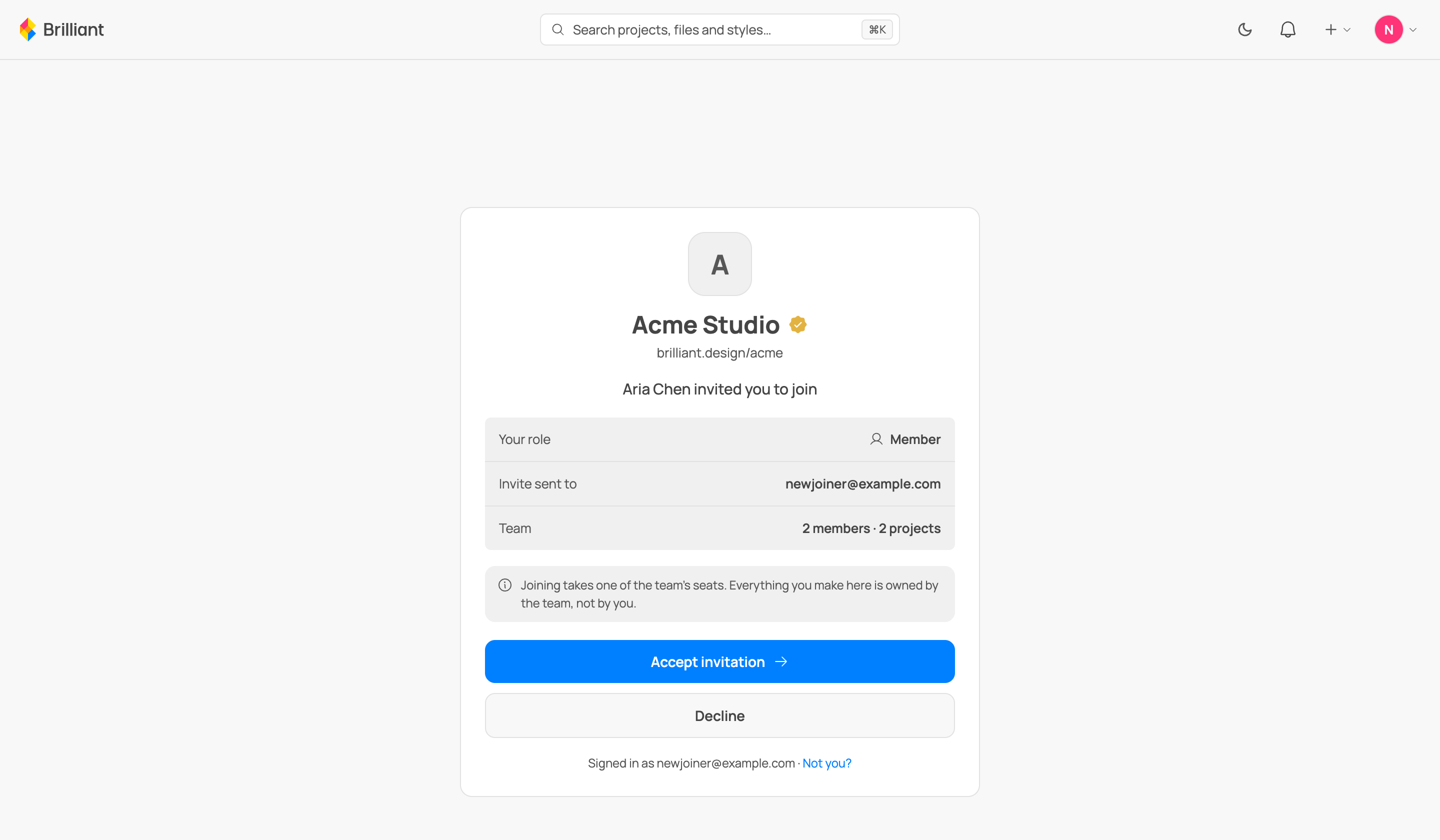 The team invite card, offering Accept or Decline