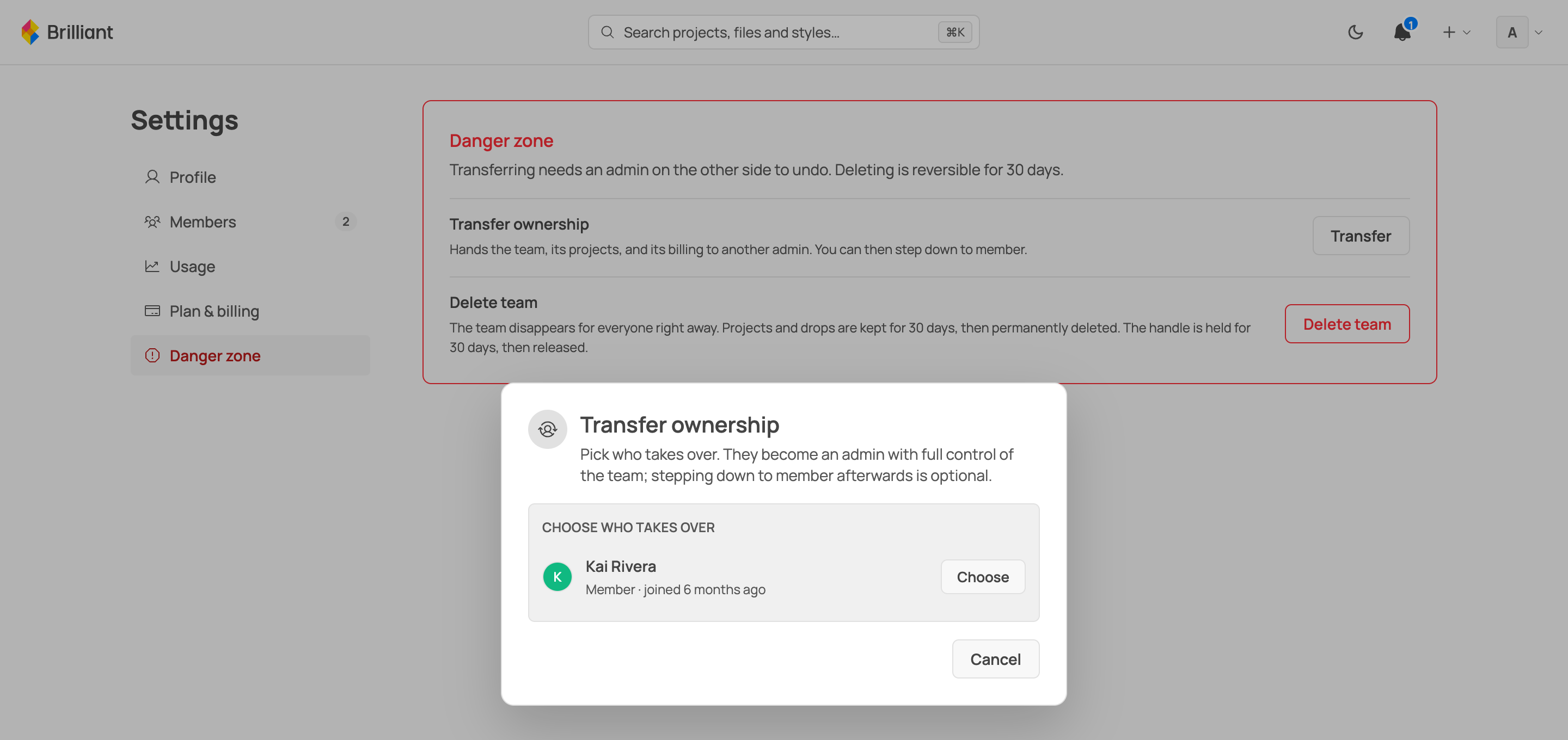 The Transfer ownership dialog: pick a member to make an admin