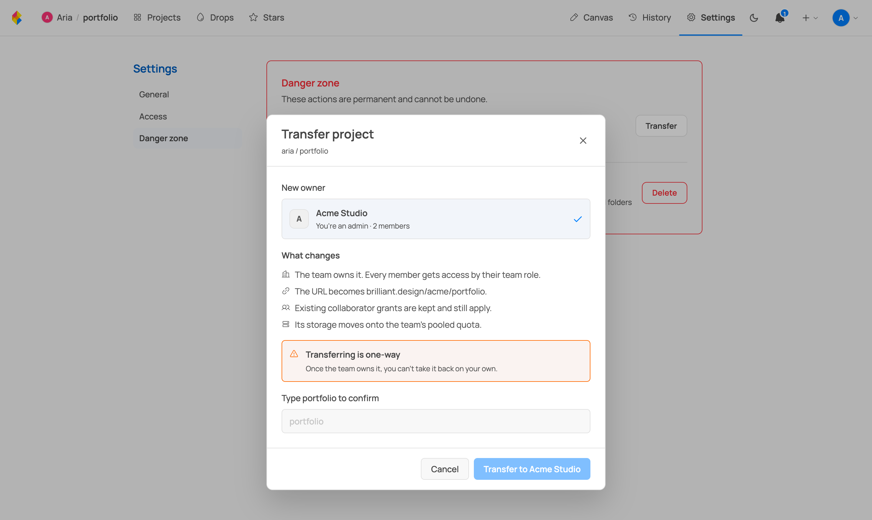 The Transfer project dialog handing a project to a team you administer
