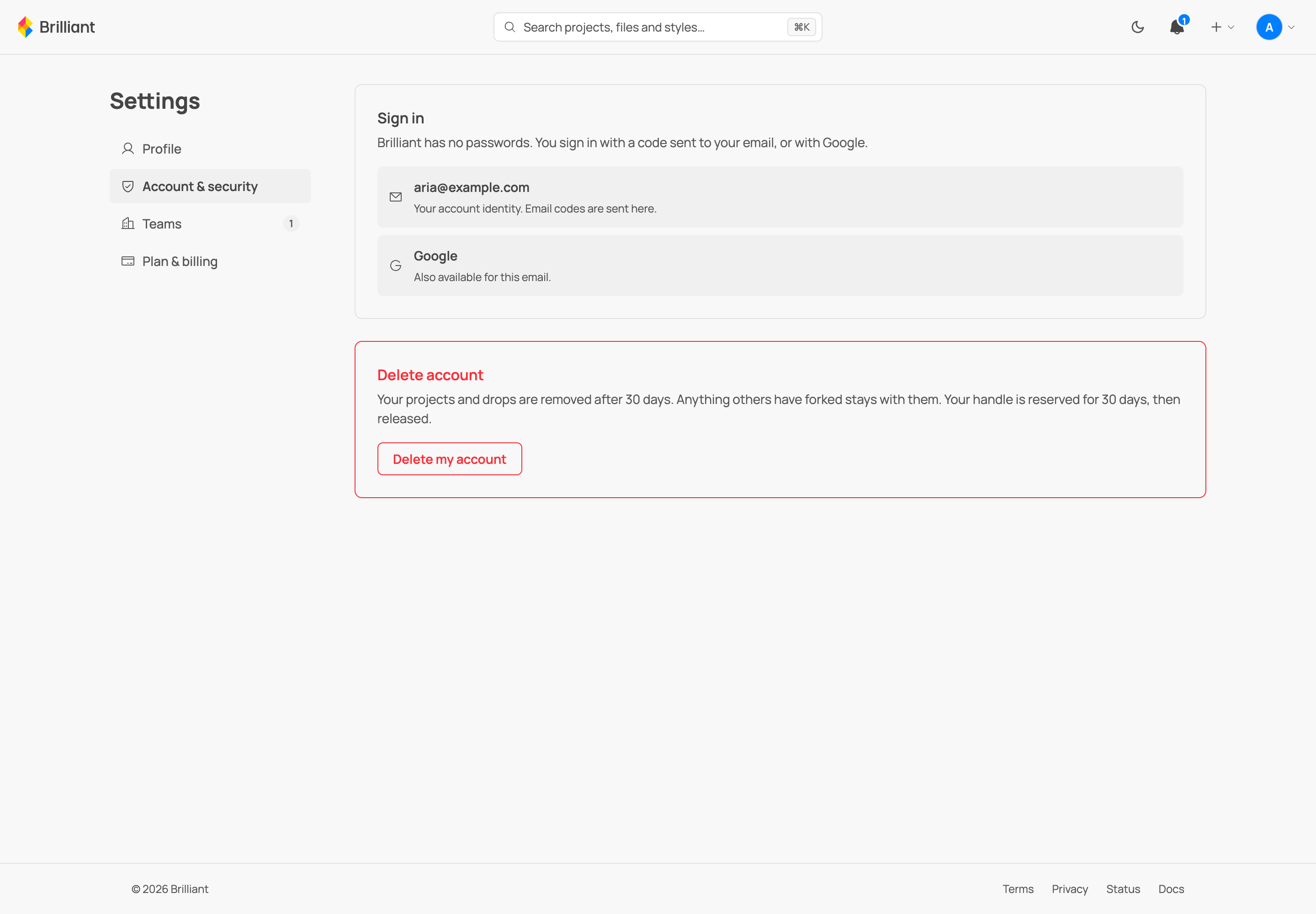 The Account and security section: the passwordless Sign in card (email and Google) and the red Delete account card