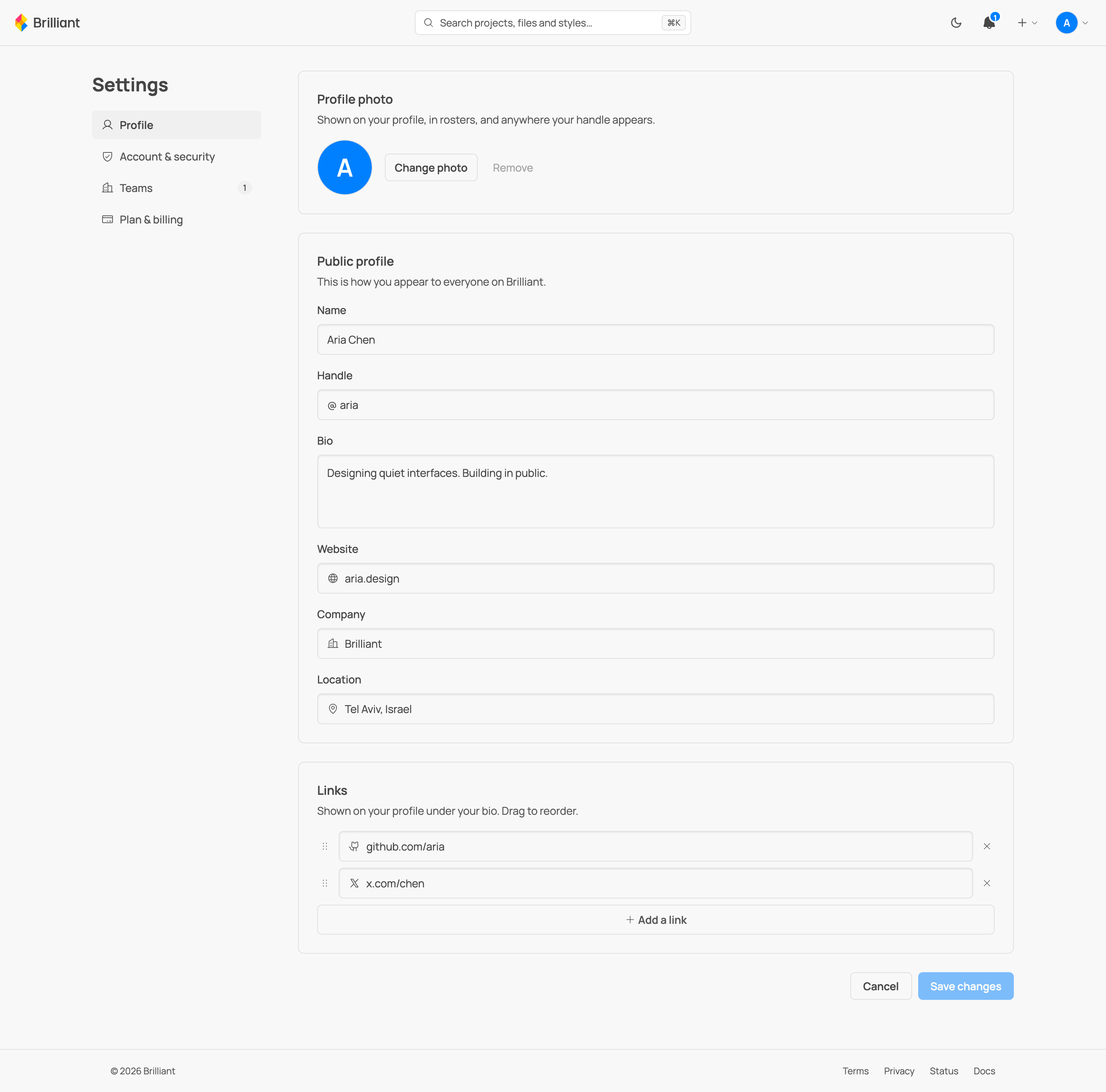 The personal Settings page: the section sidebar (Profile, Account and security, Teams, Plan and billing) beside the Profile cards