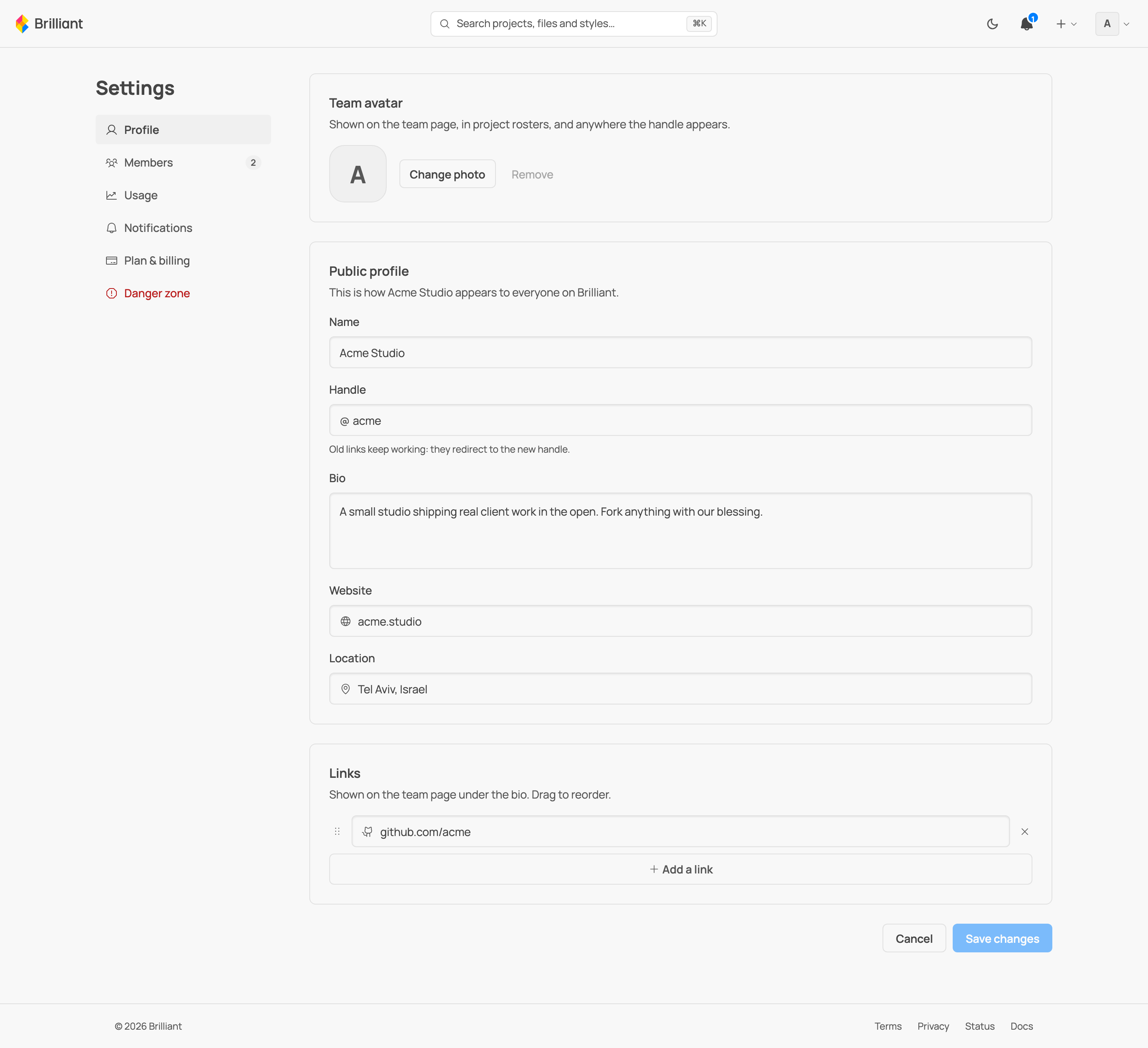 The team lens of Settings: the sidebar now shows Profile, Members, Usage, Notifications, Plan and billing, and a red Danger zone, beside the team profile cards