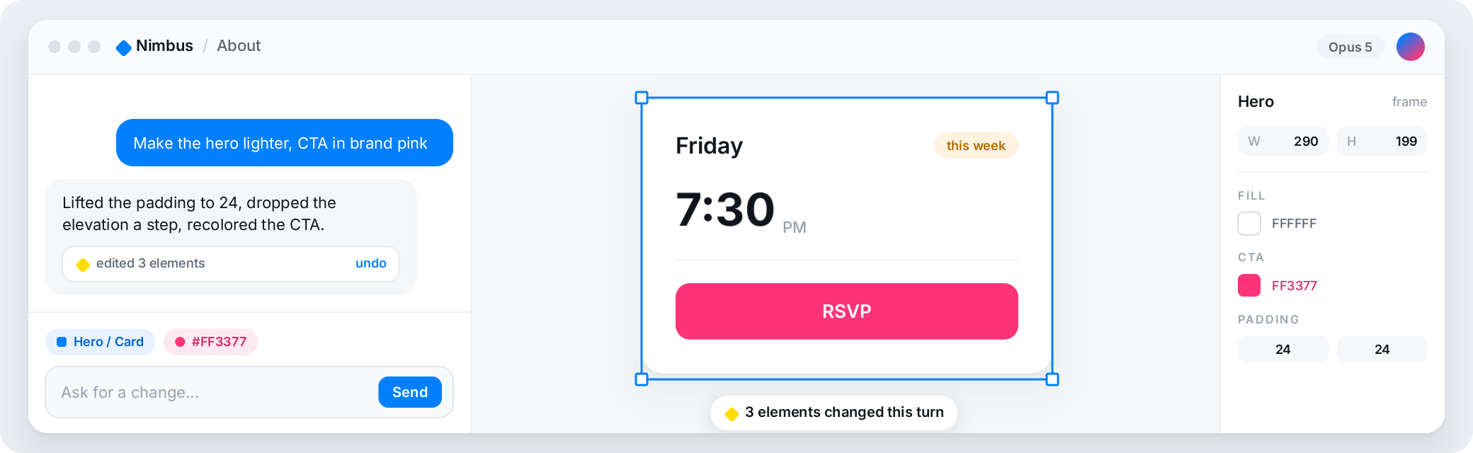 Brilliant's built-in AI chat editing a design on the canvas.