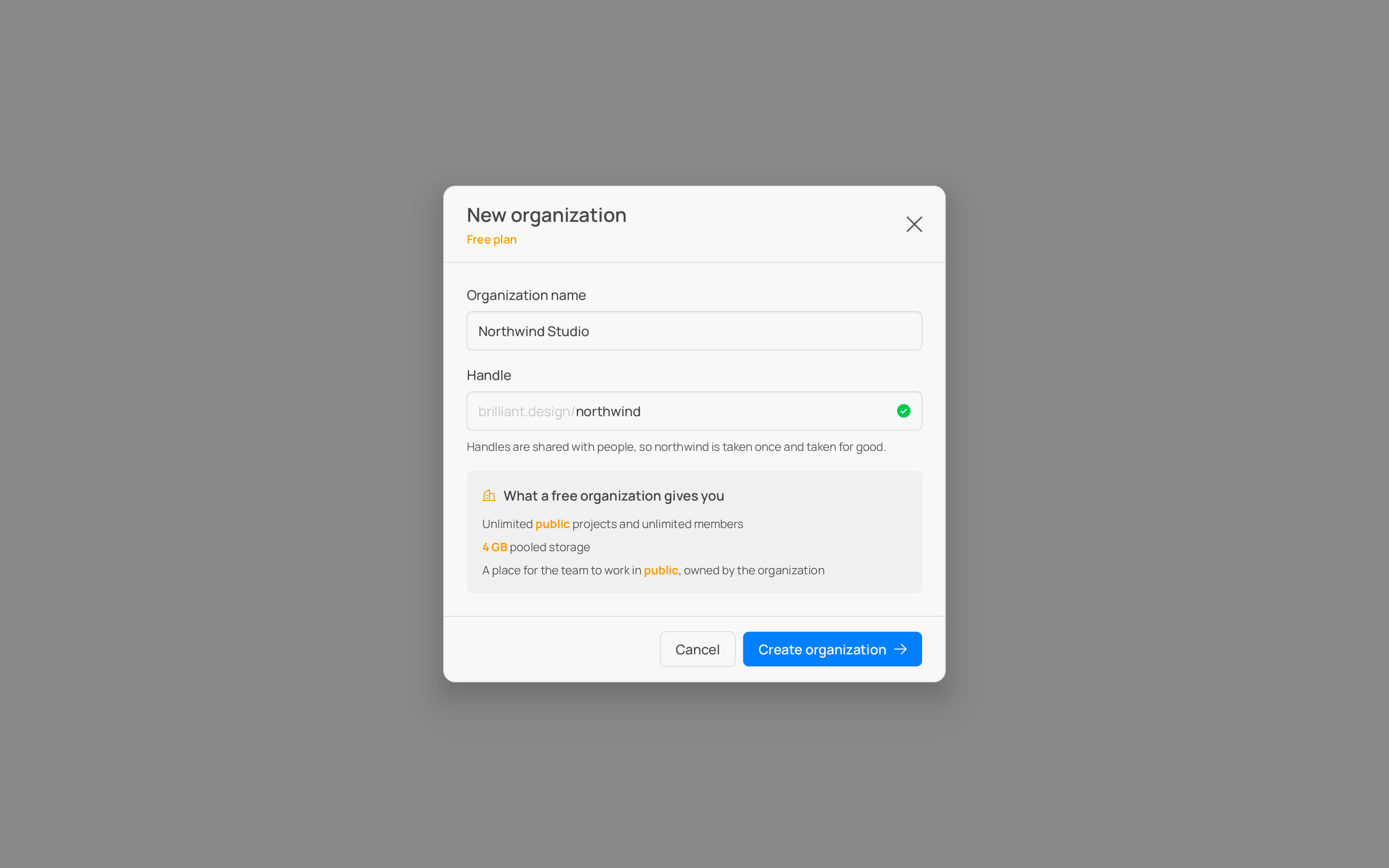 The create-a-team dialog: name, handle, and what a free team includes