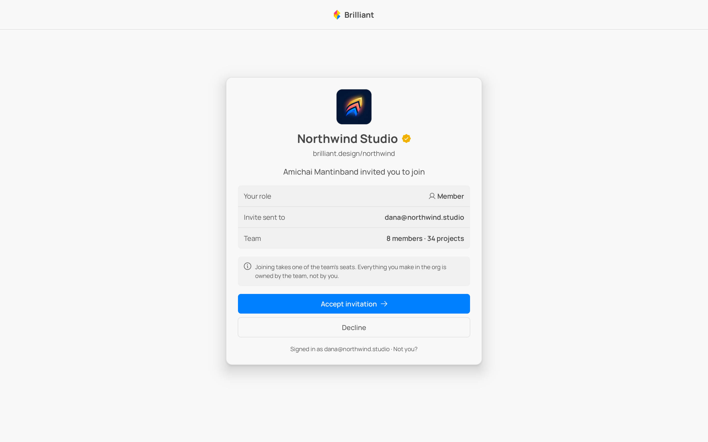 An email invitation to join a team, with the role and an Accept button