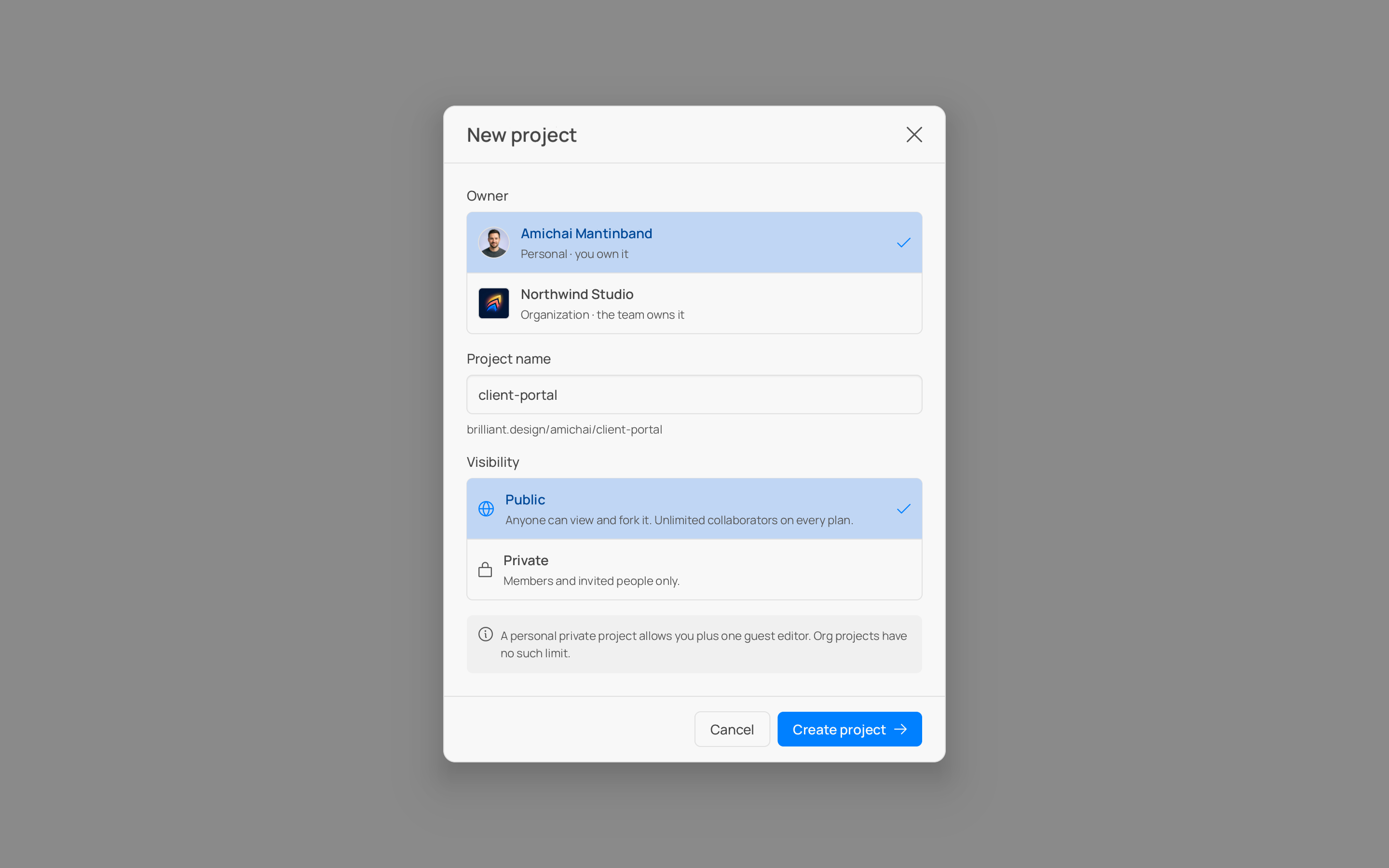 The new-project dialog with the team chosen as owner and a visibility toggle