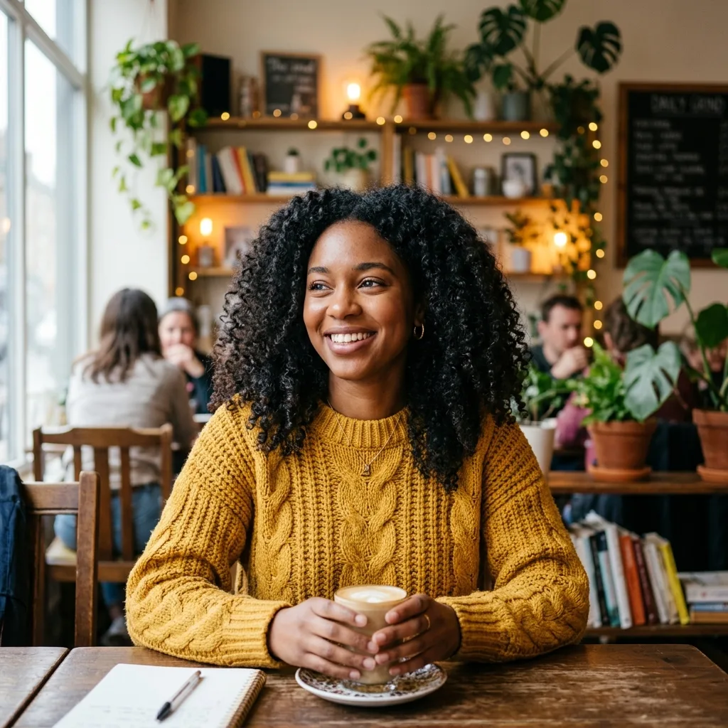 A portrait in a cafe, before the background is removed